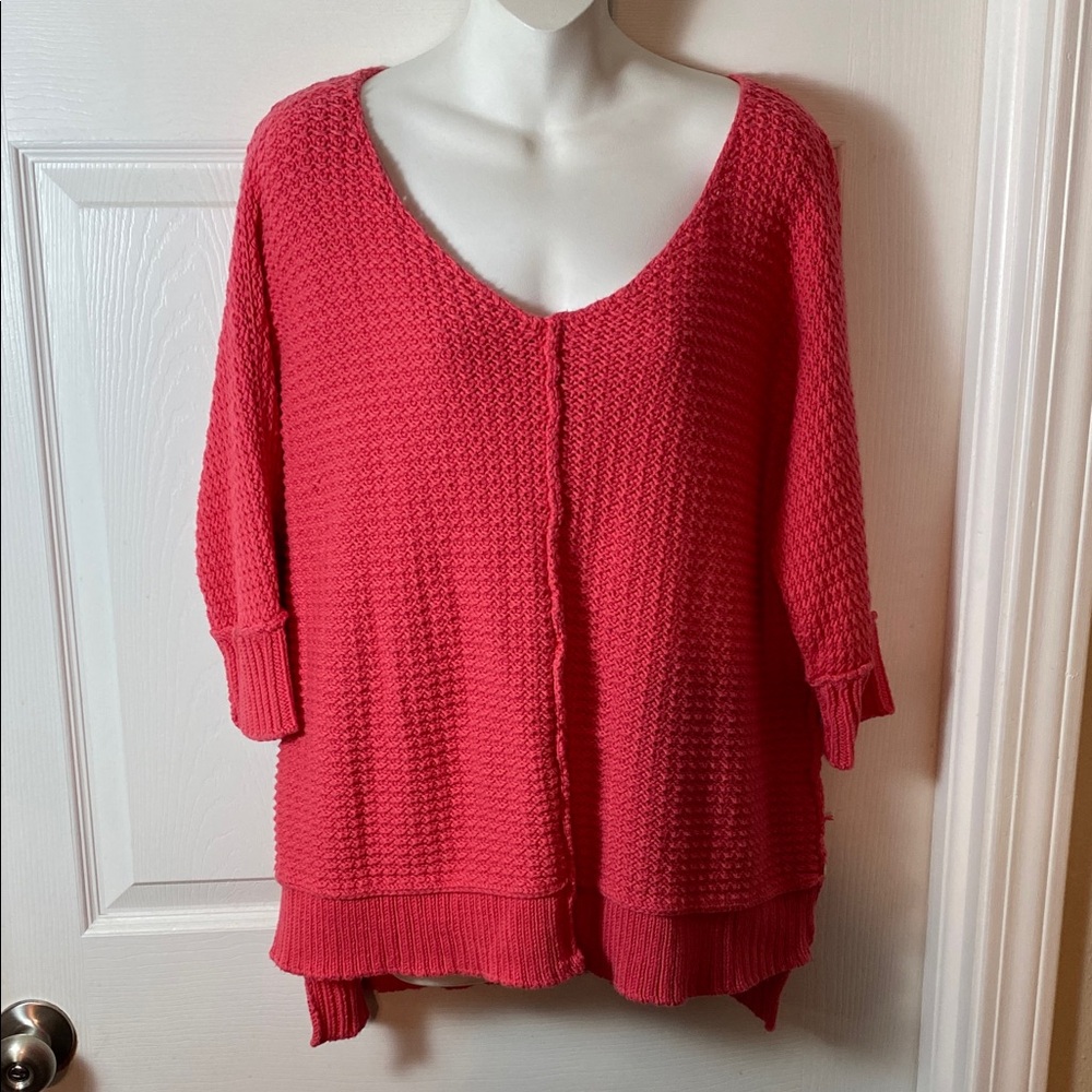 Women's Fresh Produce Pure Handknit Waffle Knit Sweater Coral M/L 3/4 Sleeve
